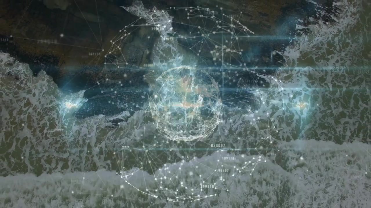Faint network appearing, sphere mesh growing over shore, forming rings and showing figure