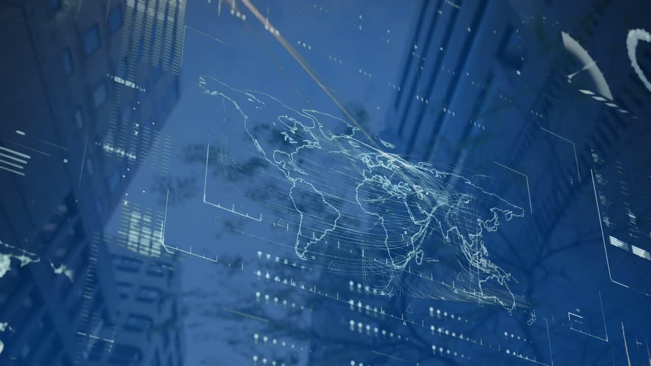 높은 건물의 낮은 각도 시야에 대한 데이터 처리와의 인터페이스의 애니메이션