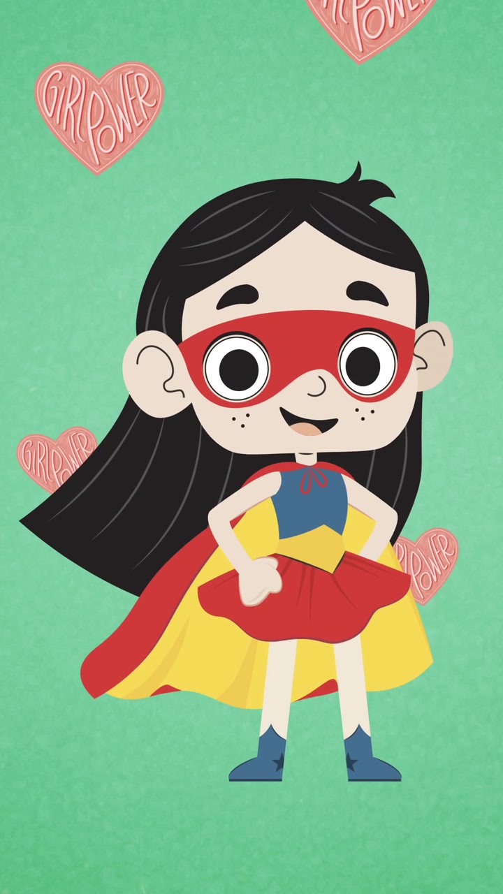 Animación de una superheroína sobre corazones voladores