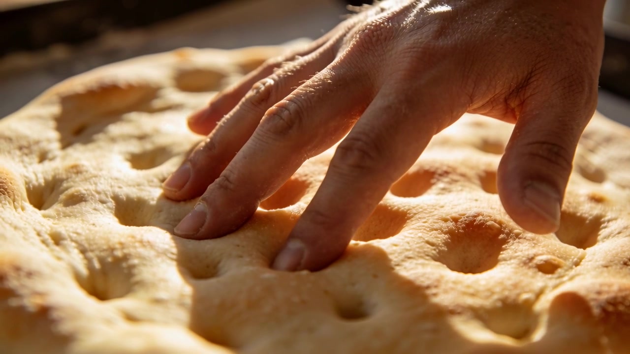 Pressing bare hand gliding fingers over freshly baked focaccia on pan in kitchen, checking texture