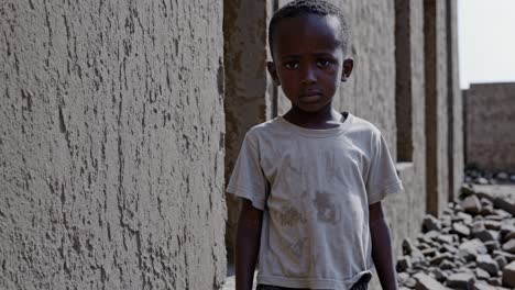 young boy leaning against weathered wall, surrounded by rough stones and unfinished buildings in quiet rural village, embodying childhood solitude and simplicity