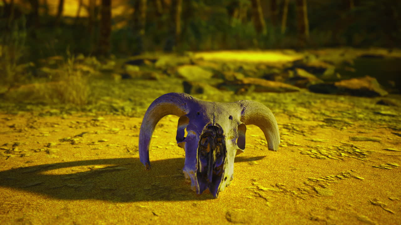Ram skull resting on golden ground in a serene forest clearing