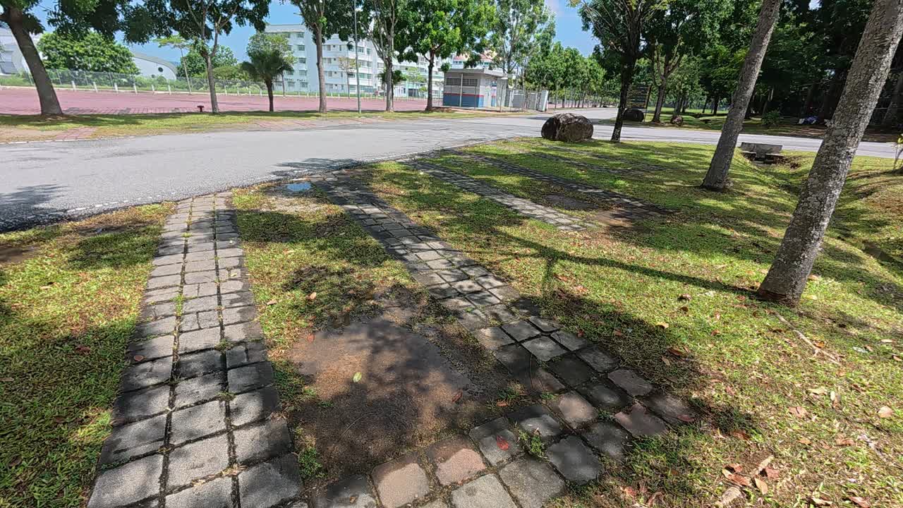A car park features eco-friendly grass paver blocks. These porous concrete blocks allow grass to grow through the surface voids. This design promotes green infrastructure and sustainable paving