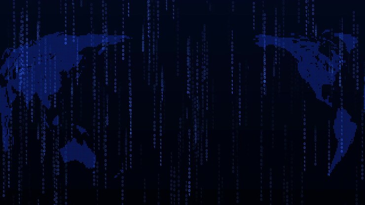 Digital World Map with Falling Binary Code Data Stream