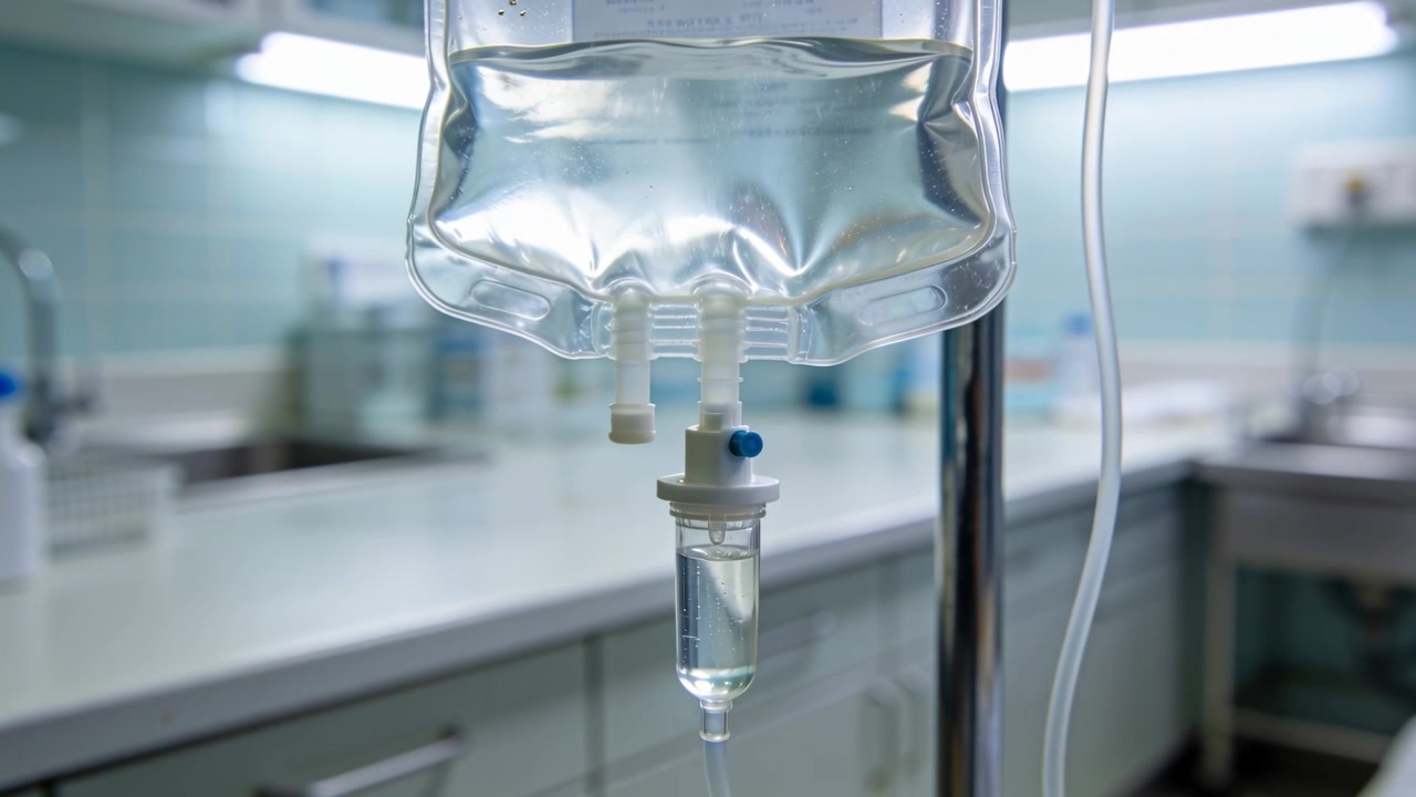 Sacca per flebo e camera di gocciolamento che rilasciano fluido per gravità nel deflussore in clinica per infusione.