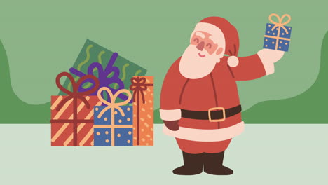 merry christmas animation with santa claus lifting gifts