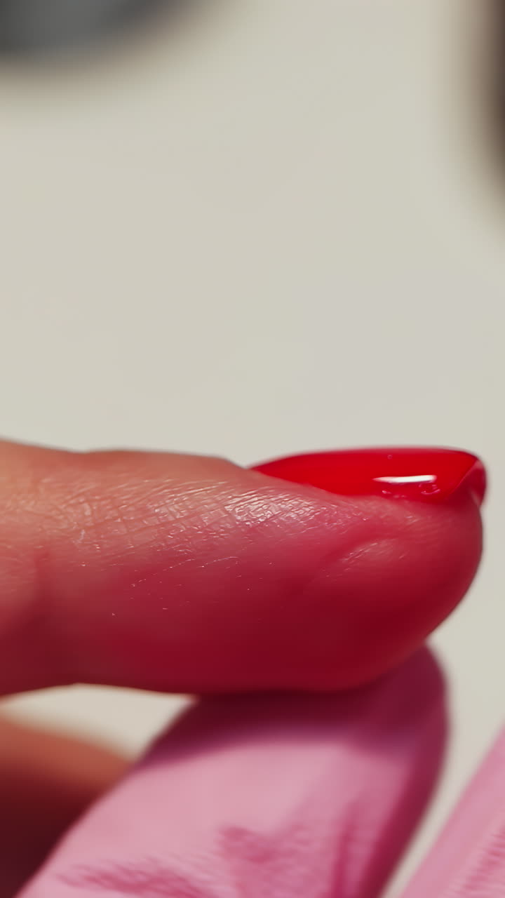 Red Nail Application with Pink Gloves