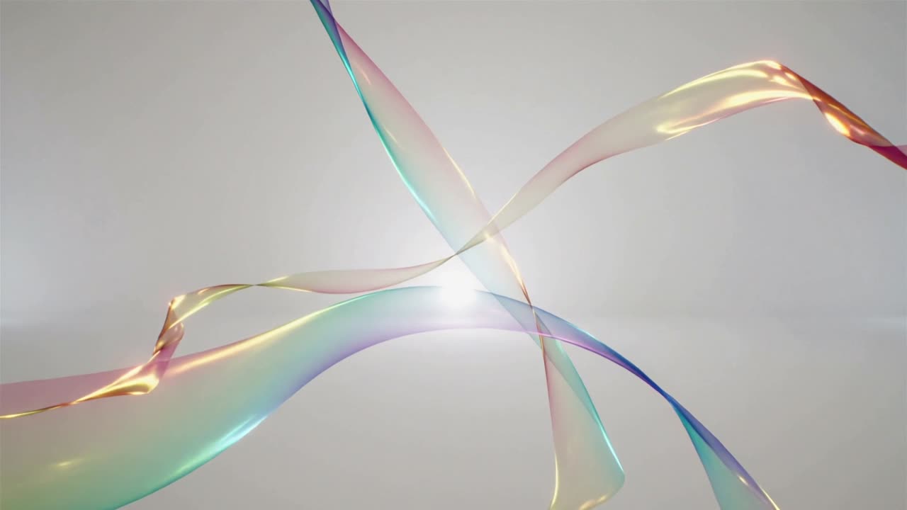Flowing iridescent ribbons entering edges, crossing center on studio set and amplifying soft glow