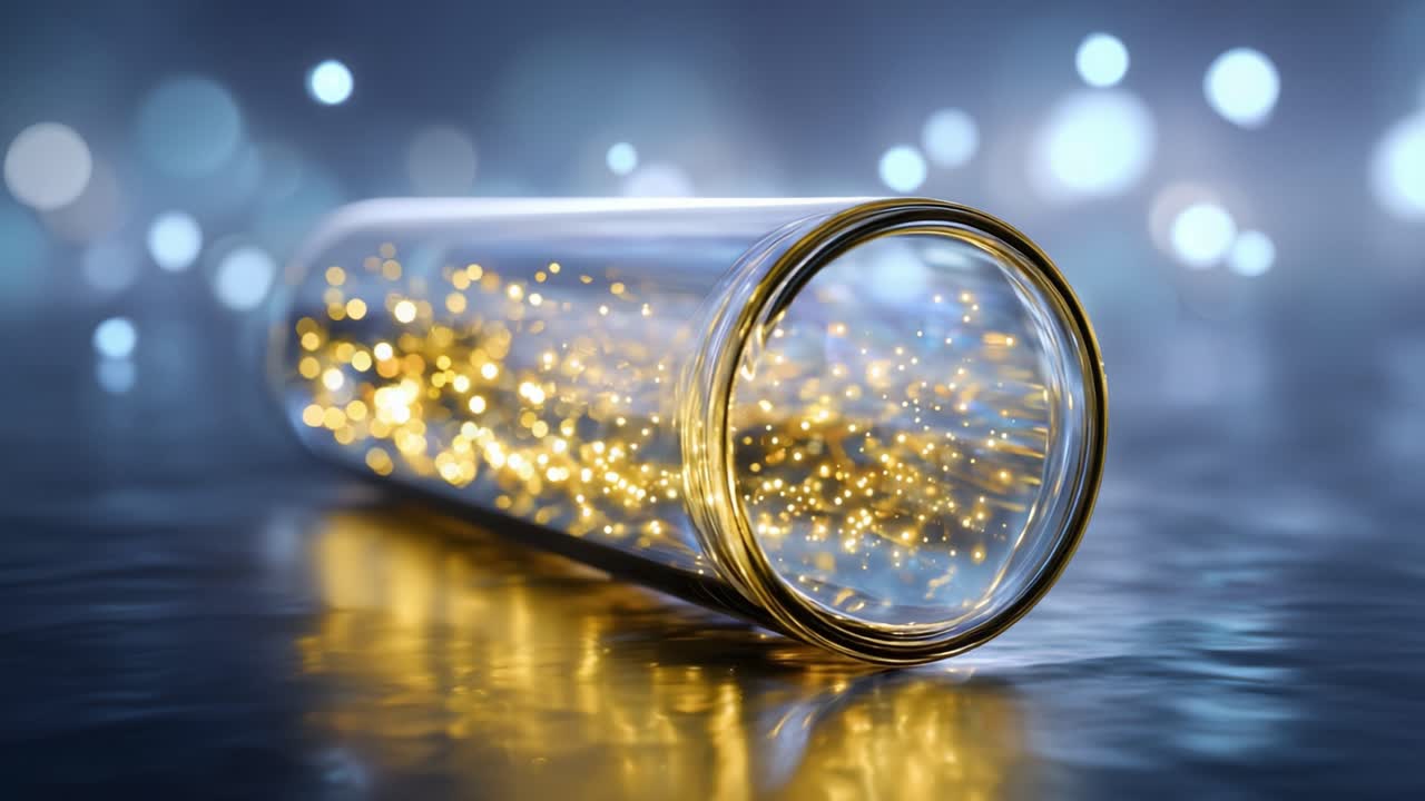 Ein schimmernder Glaszylinder, der Glitzer und Lichtreflexionen in einer traumartigen Umgebung mit sanften blauen und goldenen Bokeh-Effekten einfängt