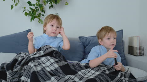 two boys, 4 and 2 years old, are watching tv sitting on the couch. an exciting tv show. view cartoons