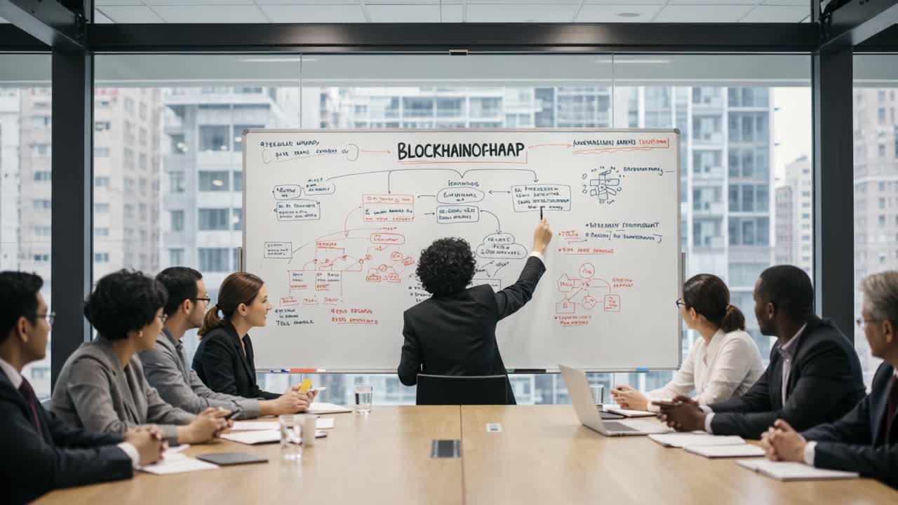A Group Engaged in a Collaborative Strategy Session, Exploring Blockchain Concepts on a Whiteboard as Ideas Flow Among Participants in a Modern Office Setting