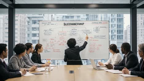 a group engaged in a collaborative strategy session, exploring blockchain concepts on a whiteboard as ideas flow among participants in a modern office setting