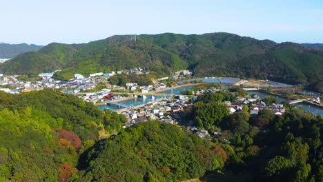 Toba-City-in-Japan,-Aerial-View-of-Countryside-on-Beautiful-Autumn-Day