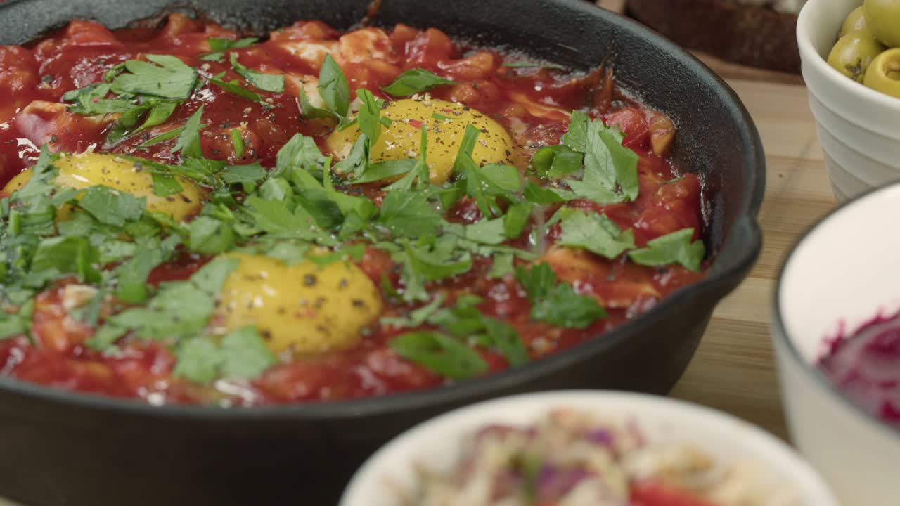 cocina israelí. manos tomando shakshuka decorada con perejil de primer plano. plato nacional judío hecho de huevos fritos en salsa de tomate, pimientos picantes, cebollas y especias, cultura de oriente medio