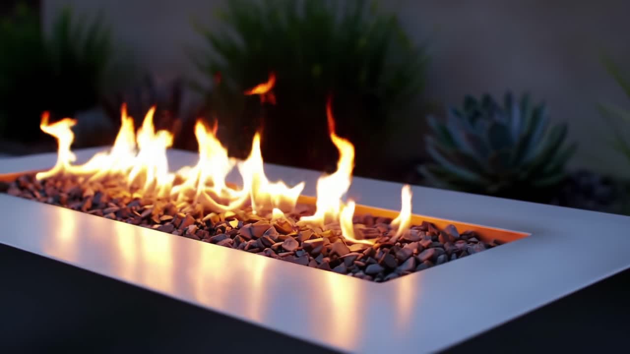 A Beautiful Outdoor Fire Feature With Flickering Flames and Pebbles Creating a Cozy Ambiance Perfect for Relaxation and Gatherings