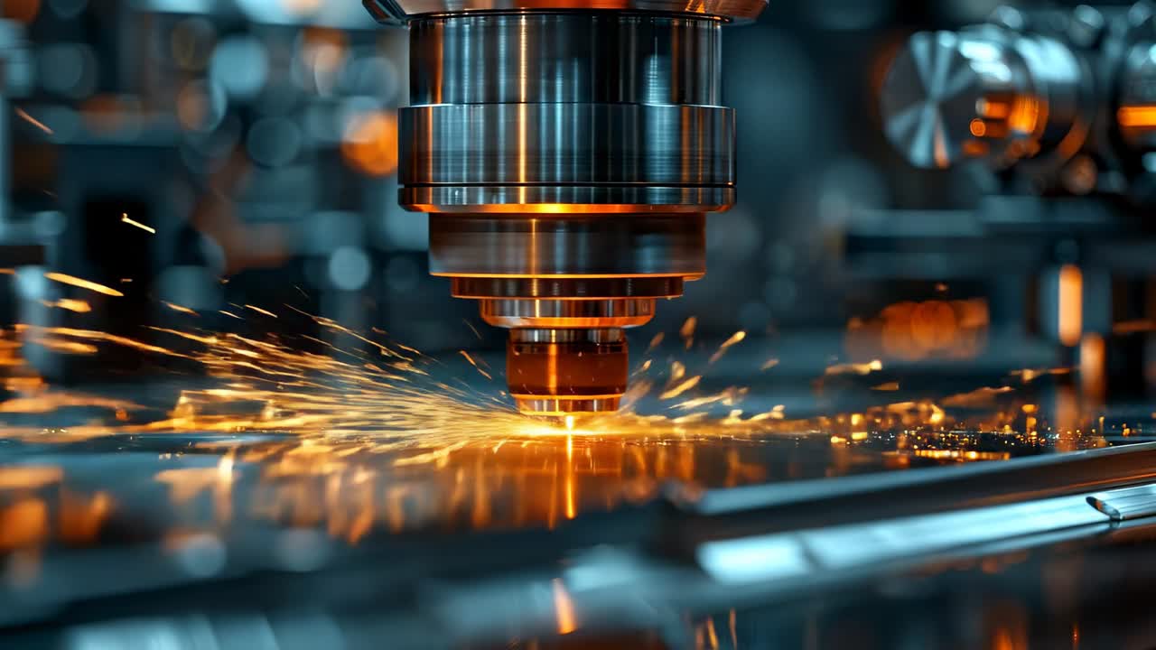 Laser cutting process in a workshop. A laser cutter operates in a workshop, creating sparks while cutting through metal