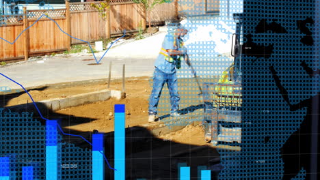 animation of financial data processing over male builder in construction site