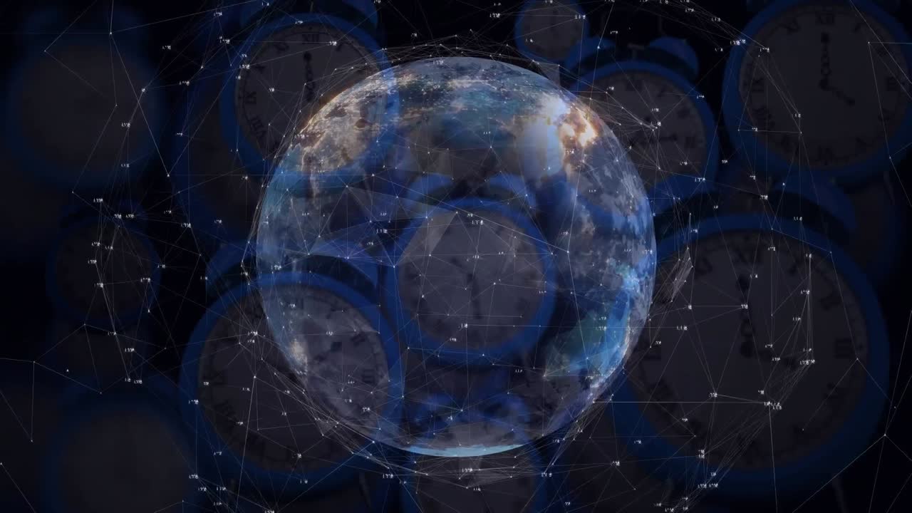 연결 네트워크의 애니메이션과 여러 시계에 걸쳐 지구가 빠르게 움직입니다.