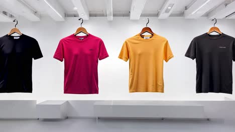 four t-shirts hanging on hangers in a retail store