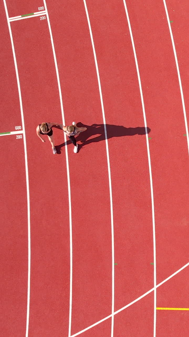 Birds eye view of two female athletes jogging on a red athletic track during a sunny day. Ideal for sports, fitness, and healthy lifestyle content
