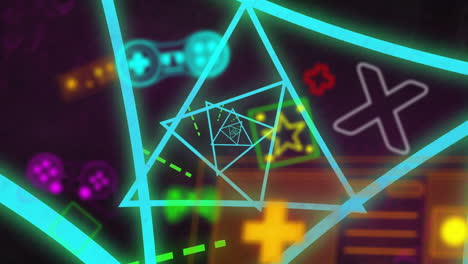 animación de iconos de videojuegos y patrón de neón en fondo negro