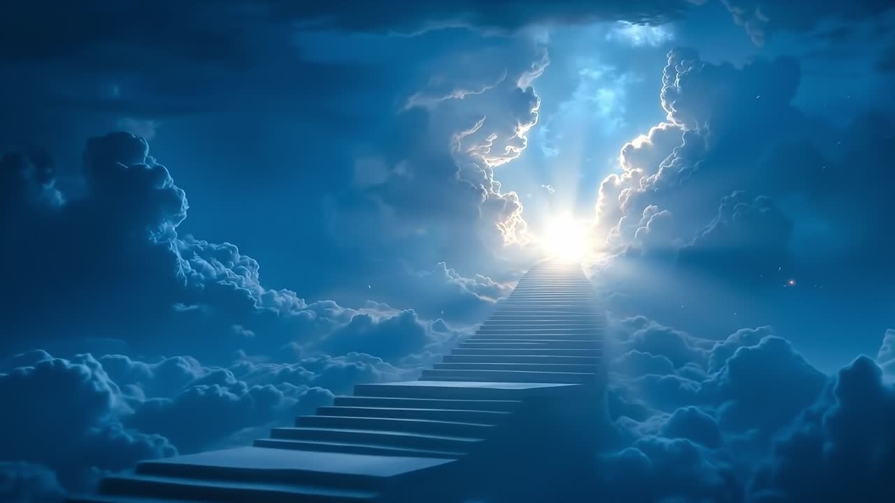 A stairway leading up to the sky with a bright light coming out of the clouds