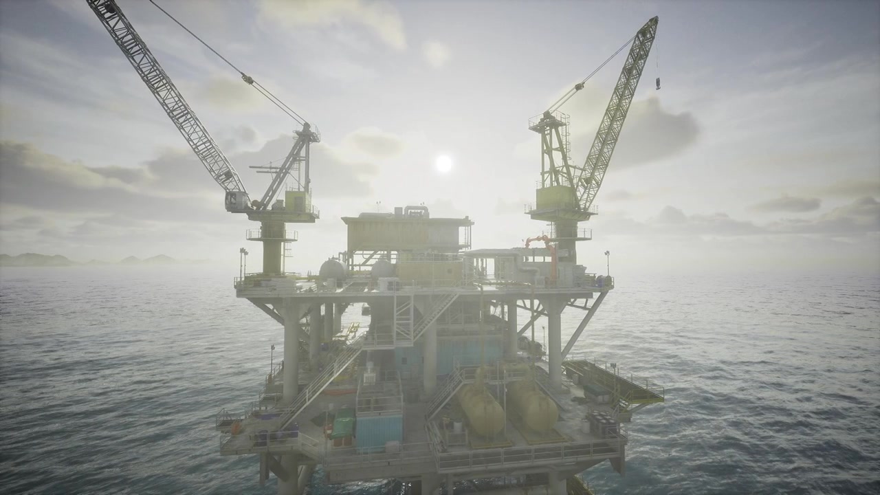 Offshore engineering structures illuminated by sunrise scene details