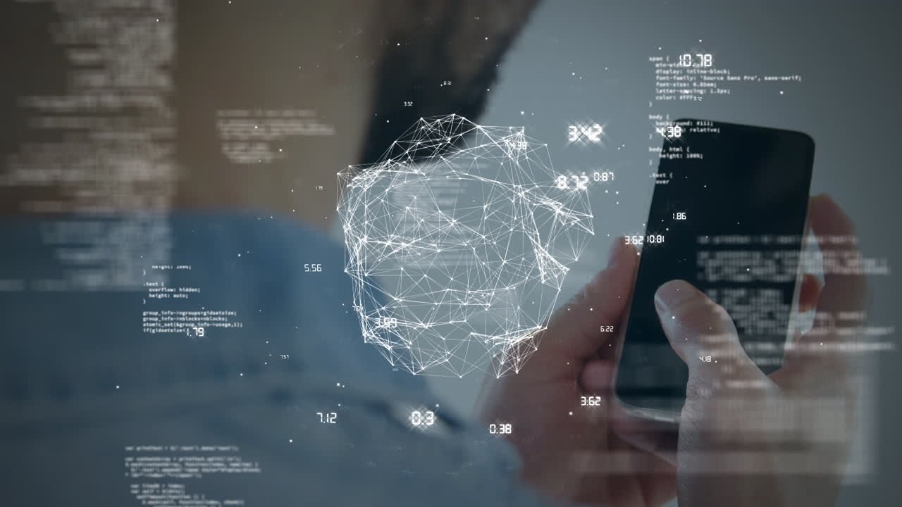 animación del procesamiento de datos financieros sobre un hombre caucásico que usa un teléfono inteligente
