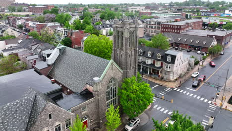 Aerial-orbit-around-historic-church-in-downtown-Lancaster-City