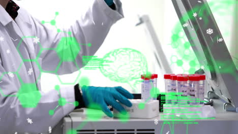 animation of data processing over mid section of scientist keeping test tubes in centrifuge machine