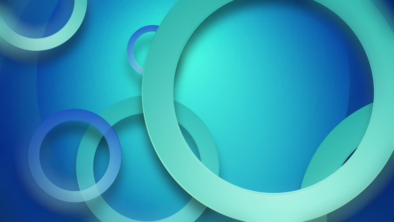 Blue abstract geometric background with flying rings. Copy space. Looped animation.