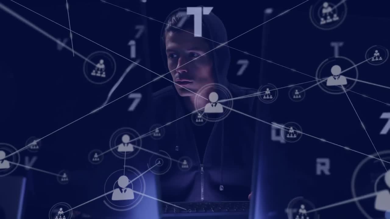 animación de la red de conexiones con hackers y números cambiantes