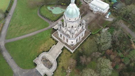 aerial view landmark historical copper dome building ashton memorial english countryside rising birdeseye view