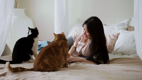 침대에 고양이가 있는 여자