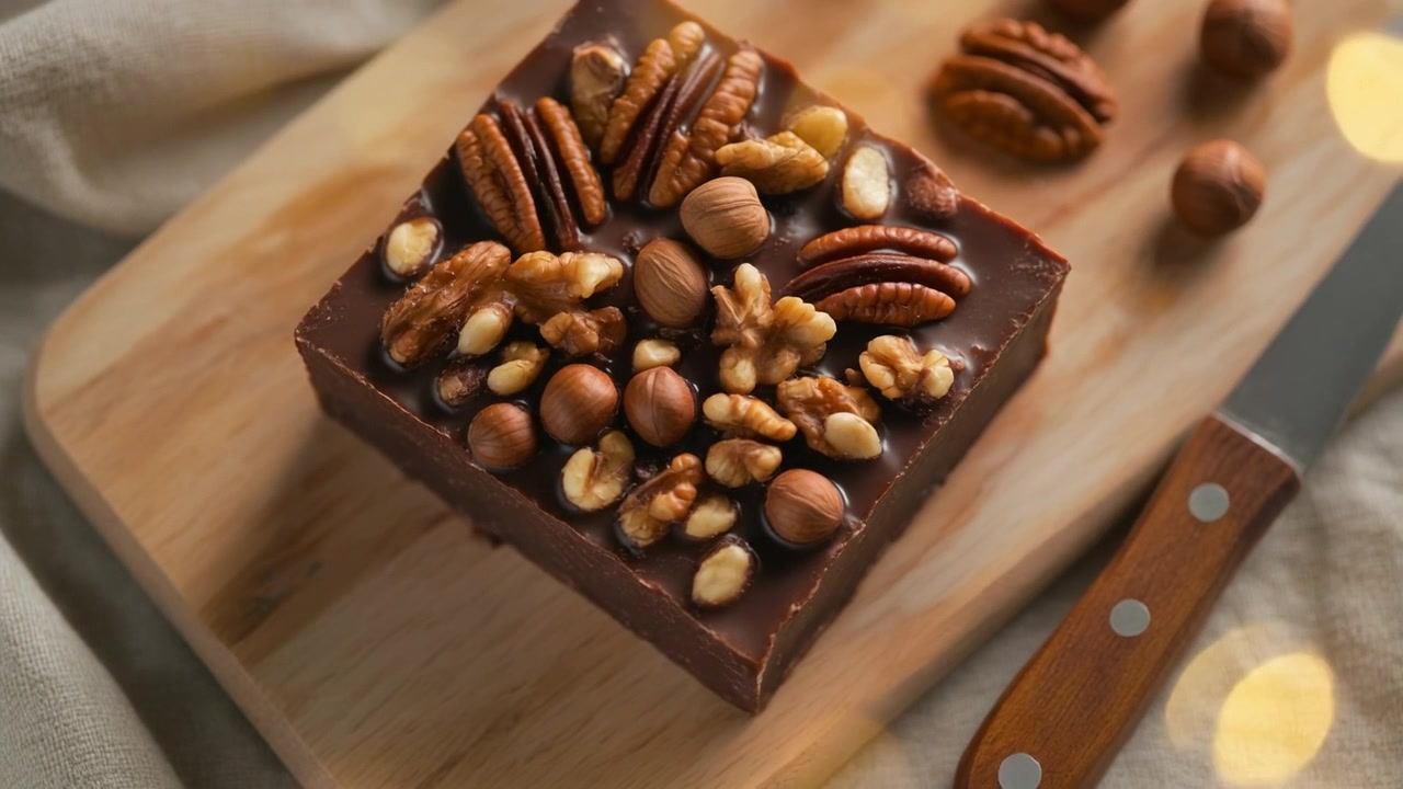 Square Piece of Chocolate Fudge Topped with Assorted Nuts