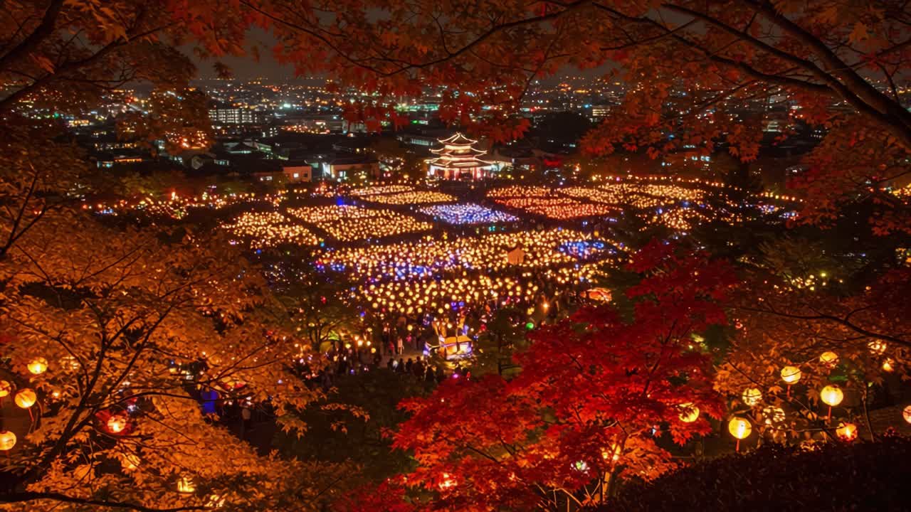 Night View of a Japanese Autumn Lantern Festival with Temple and Illuminated Foliage