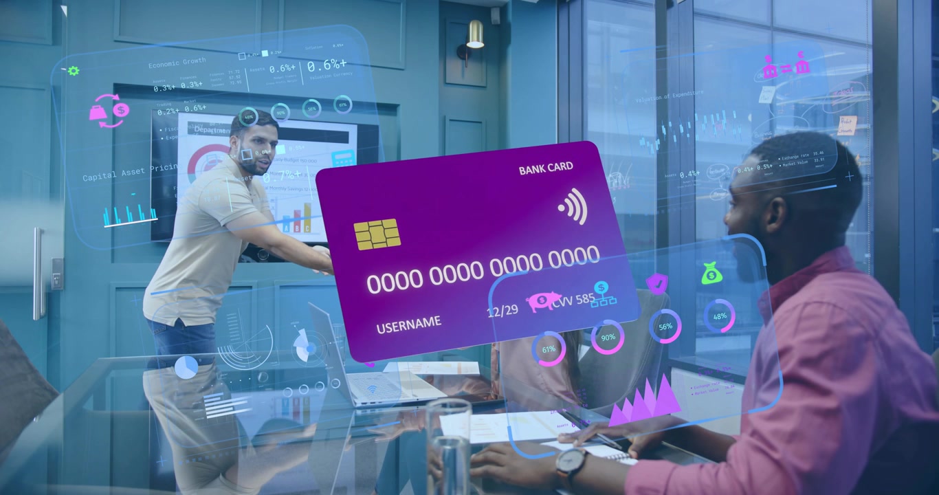 Presenter activating business graphs, AR purple card spinning, coworker grabbing card on tablet