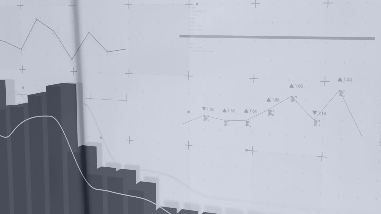 추상적인 배경 위에 재무 데이터 차트와 그래프를 애니메이션화합니다.