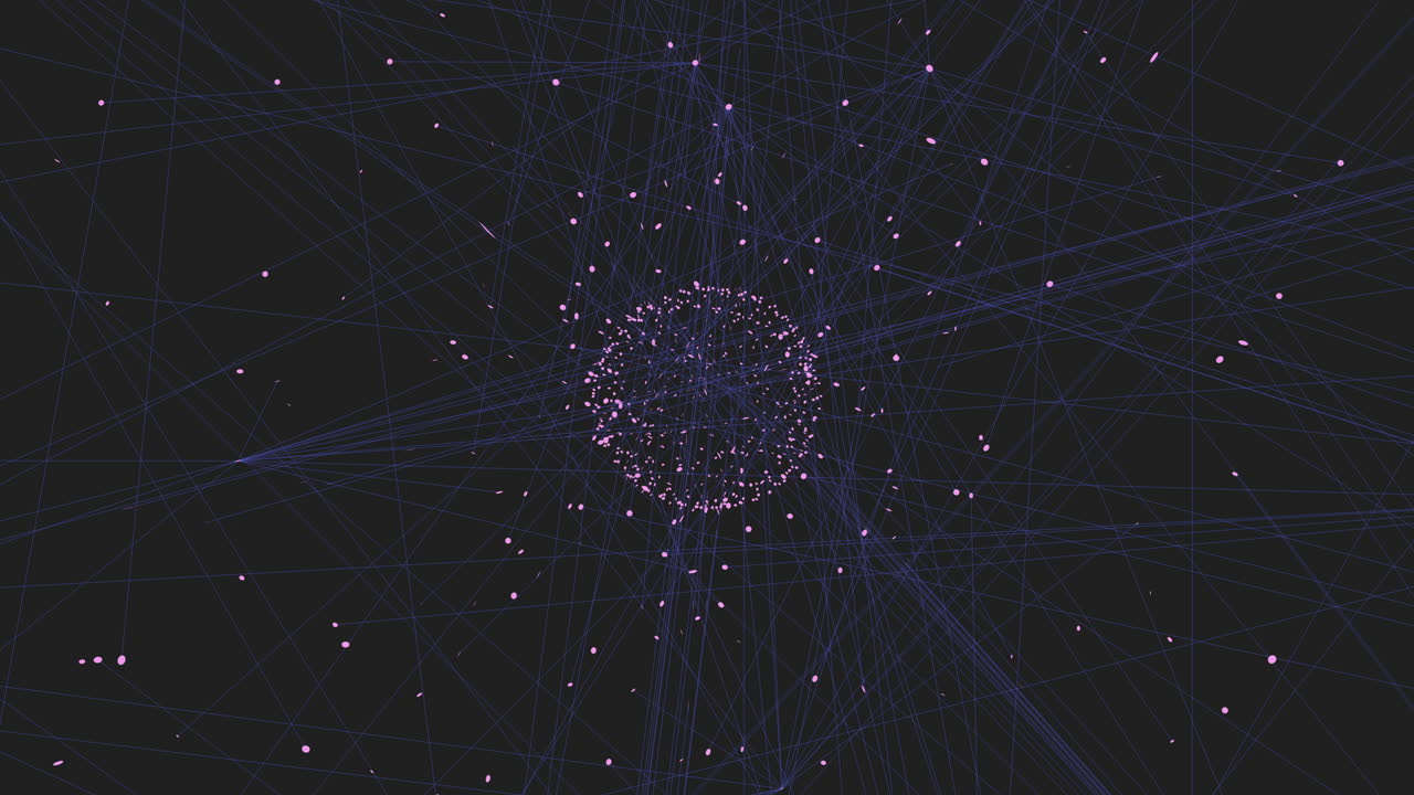 A network of lines and dots form a complex web, showcasing interconnectedness and complexity. The circular arrangement highlights intricate connections between points in the system
