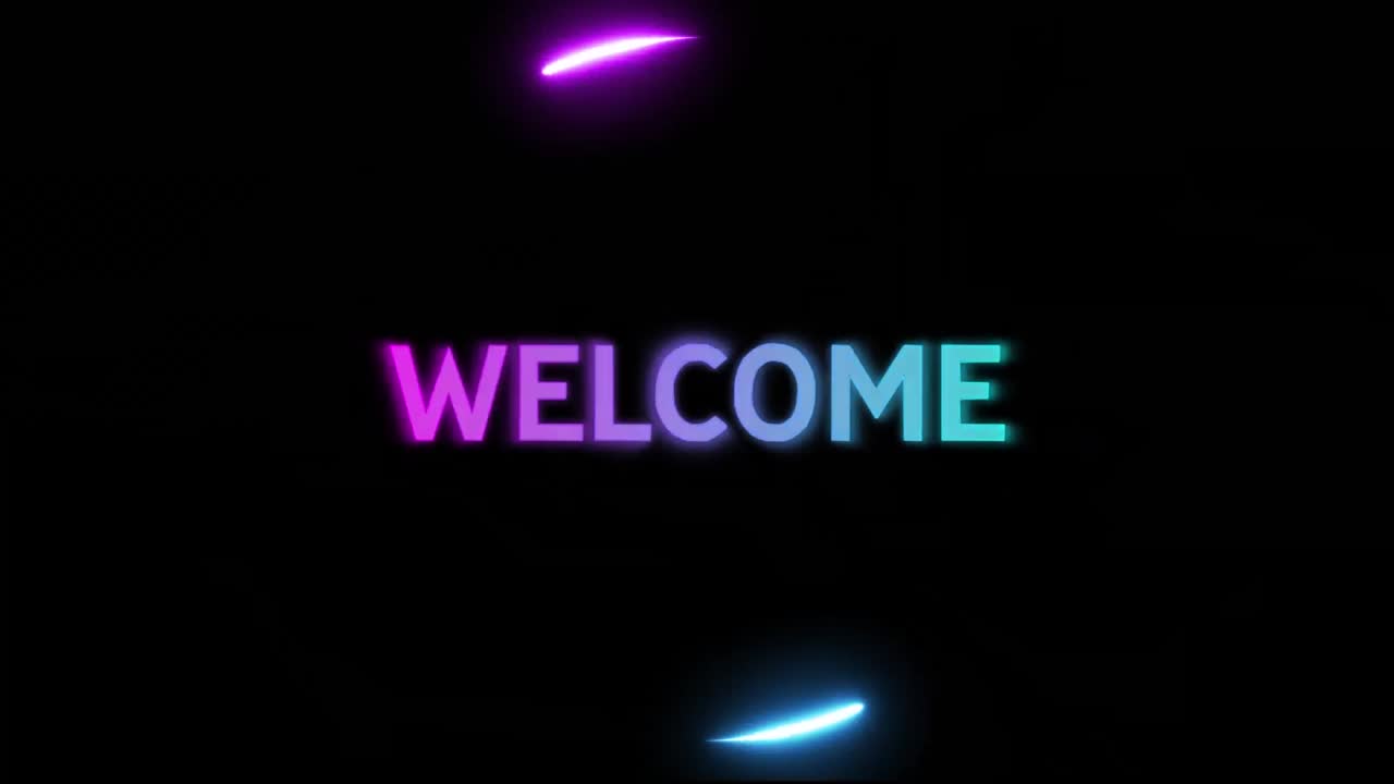 Animation of welcome text in white with glowing pink and blue loading ring on black