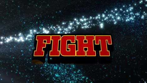 Animation-of-fight-text-with-flying-lens-flare-bursting-in-particles-over-black-background