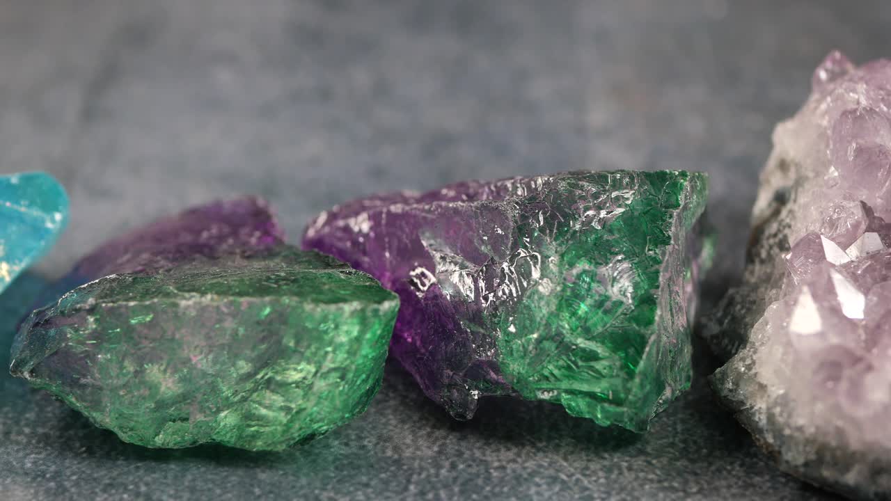 Close-up Pan of Colorful Raw Crystals and Gemstones