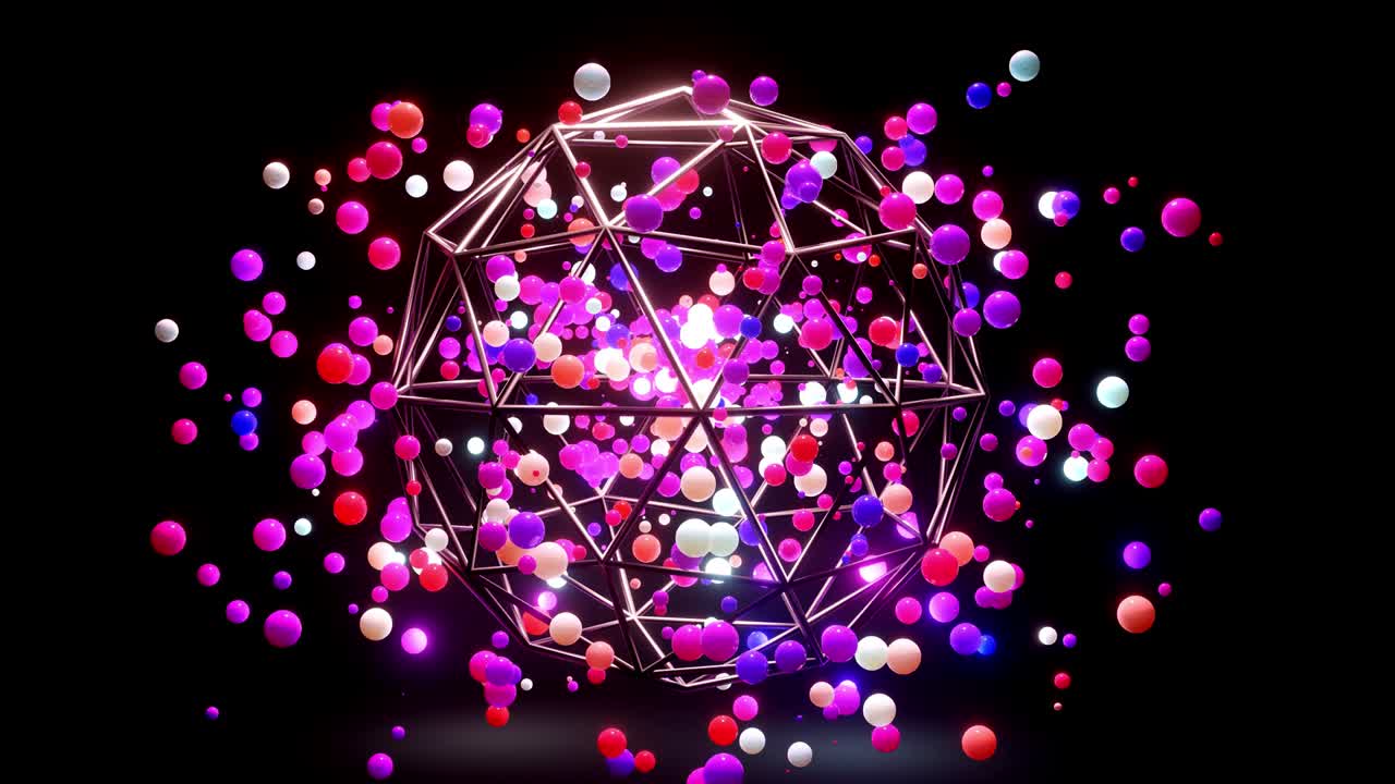 무작위로 빛나고 서로 반사되는 공중의 다채로운 공의 추상적인 구성, 다채로운 구는 빛 효과와 함께 간단한 기하학적 어두운 배경으로 공중에서 날아갑니다.