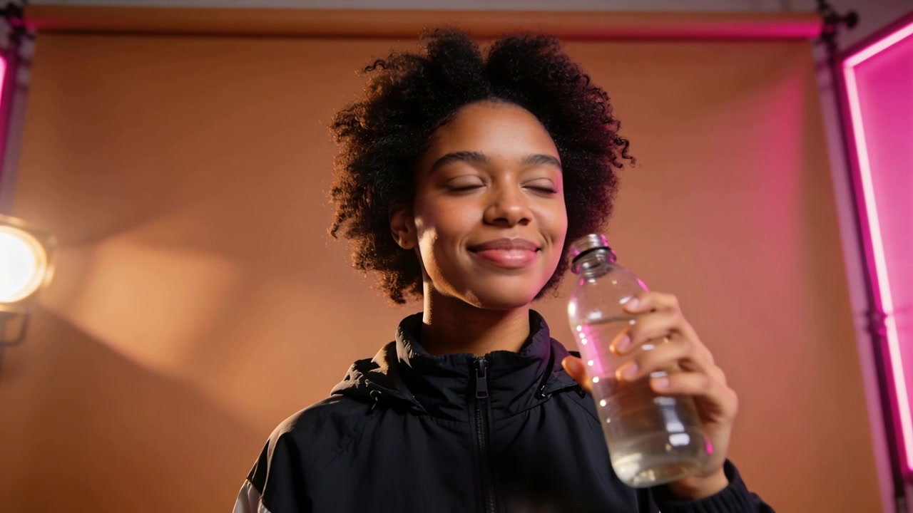 Lifting bottle to mouth, woman in black and white zipped jacket sipping water, hydrating in studio