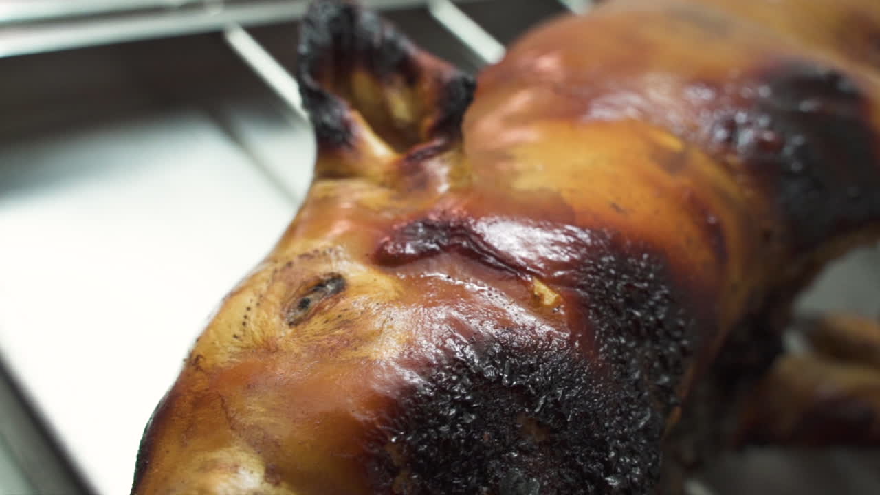 hocico y ojo de cerdo asado de lechón - b-roll - detalle de cerca de la órbita a cámara lenta
