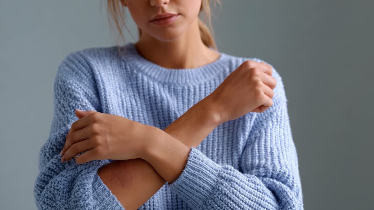 A Young Woman in a Blue Sweater Crosses Her Arms, Expressing Emotion and Vulnerability in a Thoughtful Moment Captured in Soft Lighting