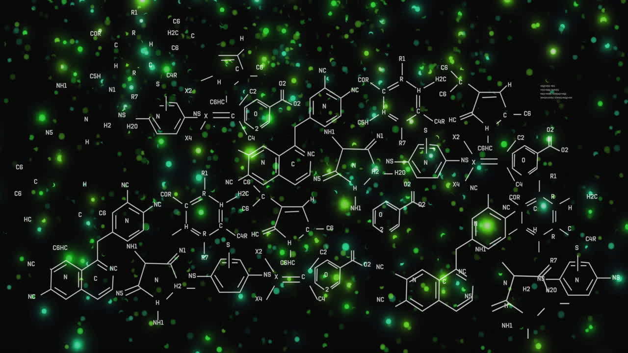 Animation of data processing and chemical formula over light spots