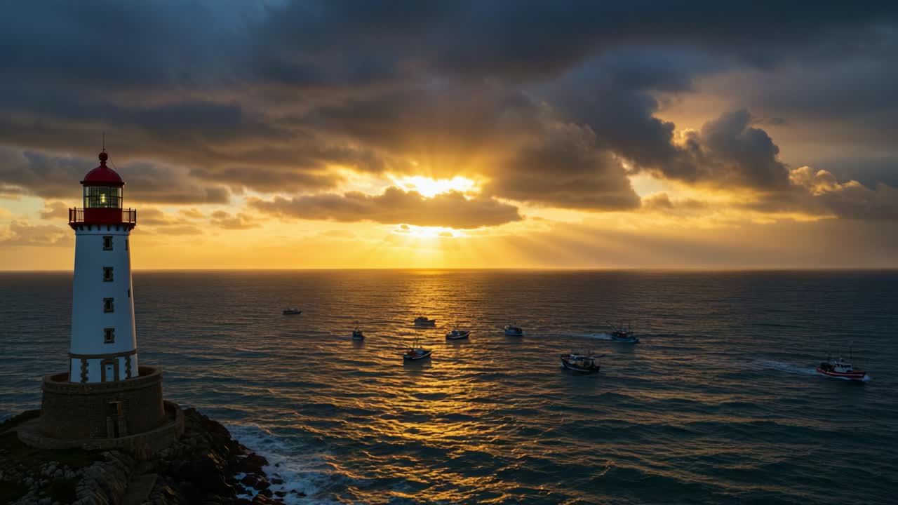 A Stunning Maritime Scene Captured at Sunset: A Lighthouse Overlooks the Tranquil Sea as Boats Navigate through Golden Rays and Dramatic Clouds