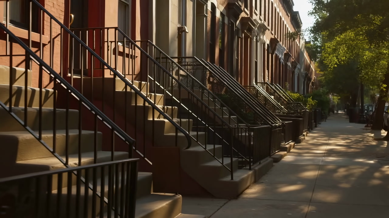 Sunlit Brownstone Stoops Lined Along Sidewalk, Patterned Shadows From Iron Railings, Leafy Tree Canopy, Warm