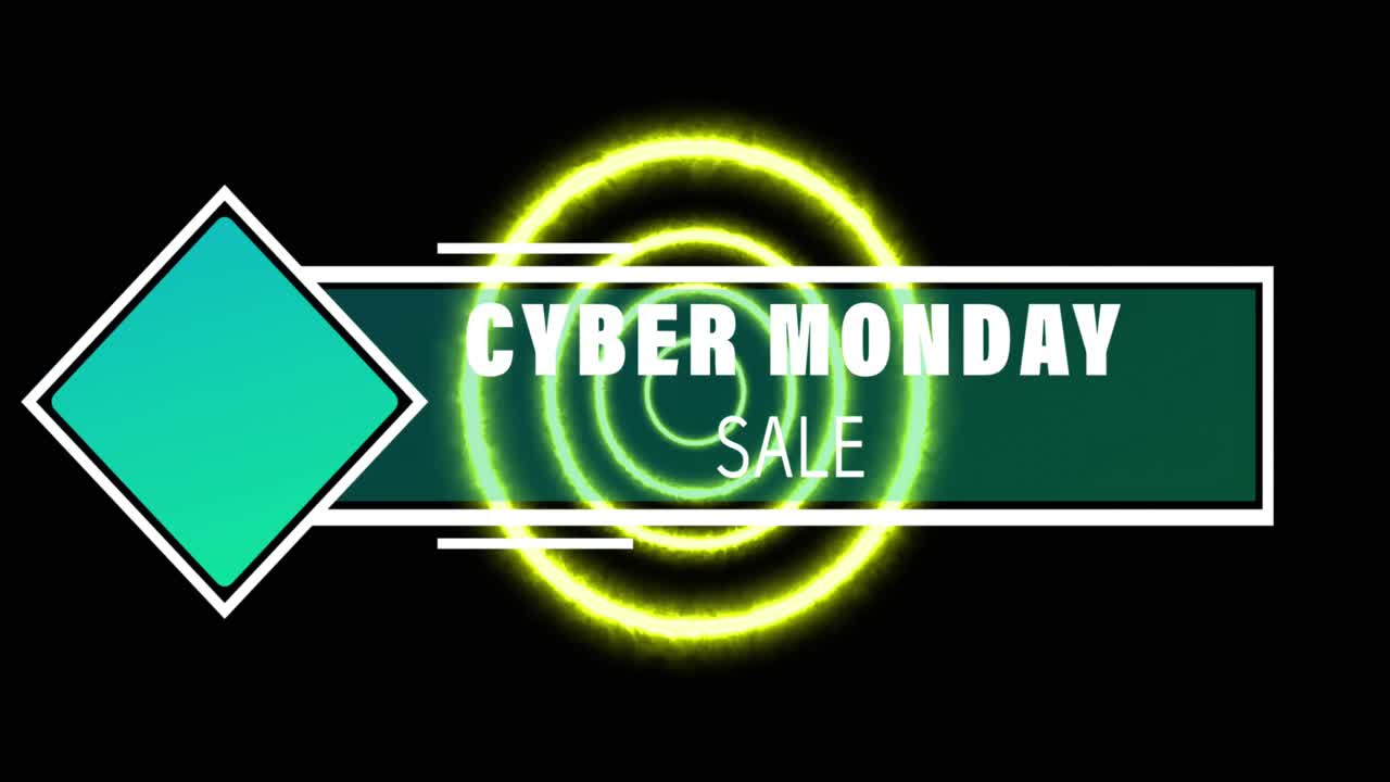 animación de cyber monday y texto de venta con cuadrado azul en el estandarte sobre círculos iluminados